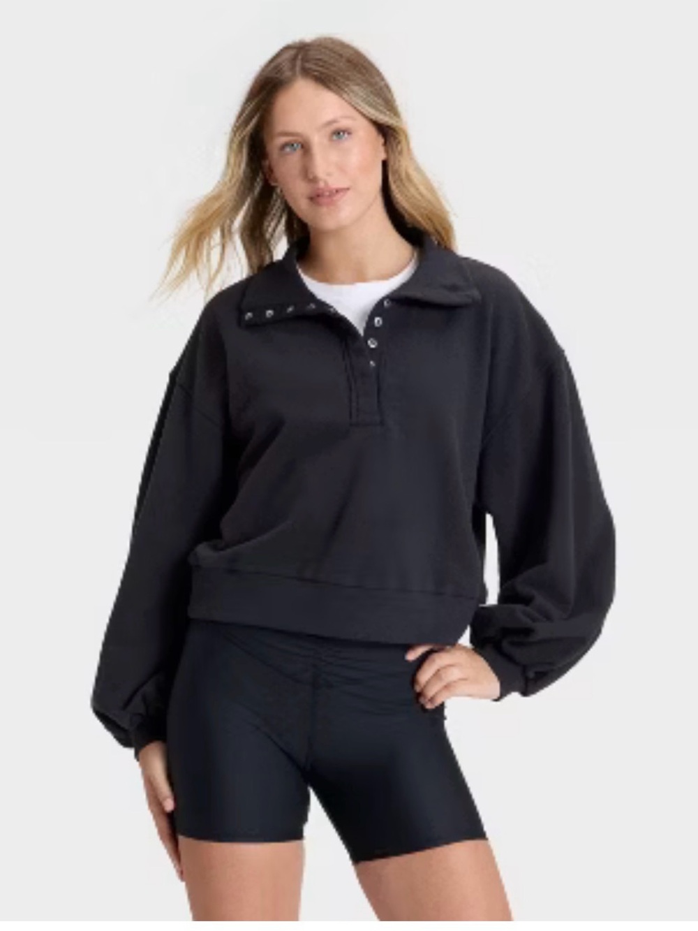 NWT JoyLab Black Snap-Front Balloon Sleeve Pullover